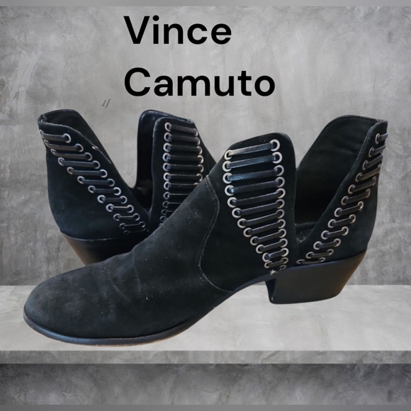 Vince Camuto SZ 7.5 Black Pevista D'Orsay Pull On Suede Biker Heeled Bootie - Picture 1 of 11
